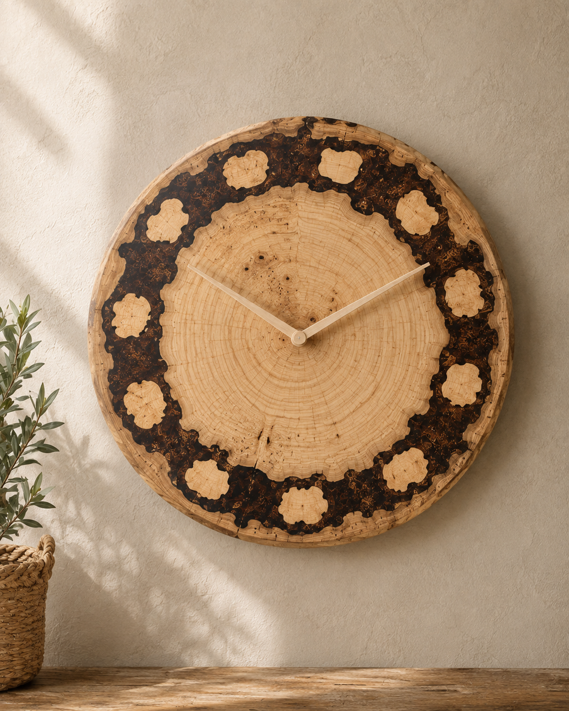 Đồng hồ gỗ ghép vân tương phản