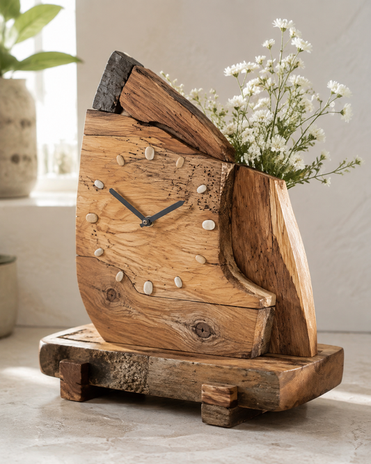 Natural Wood Clock with River Stones