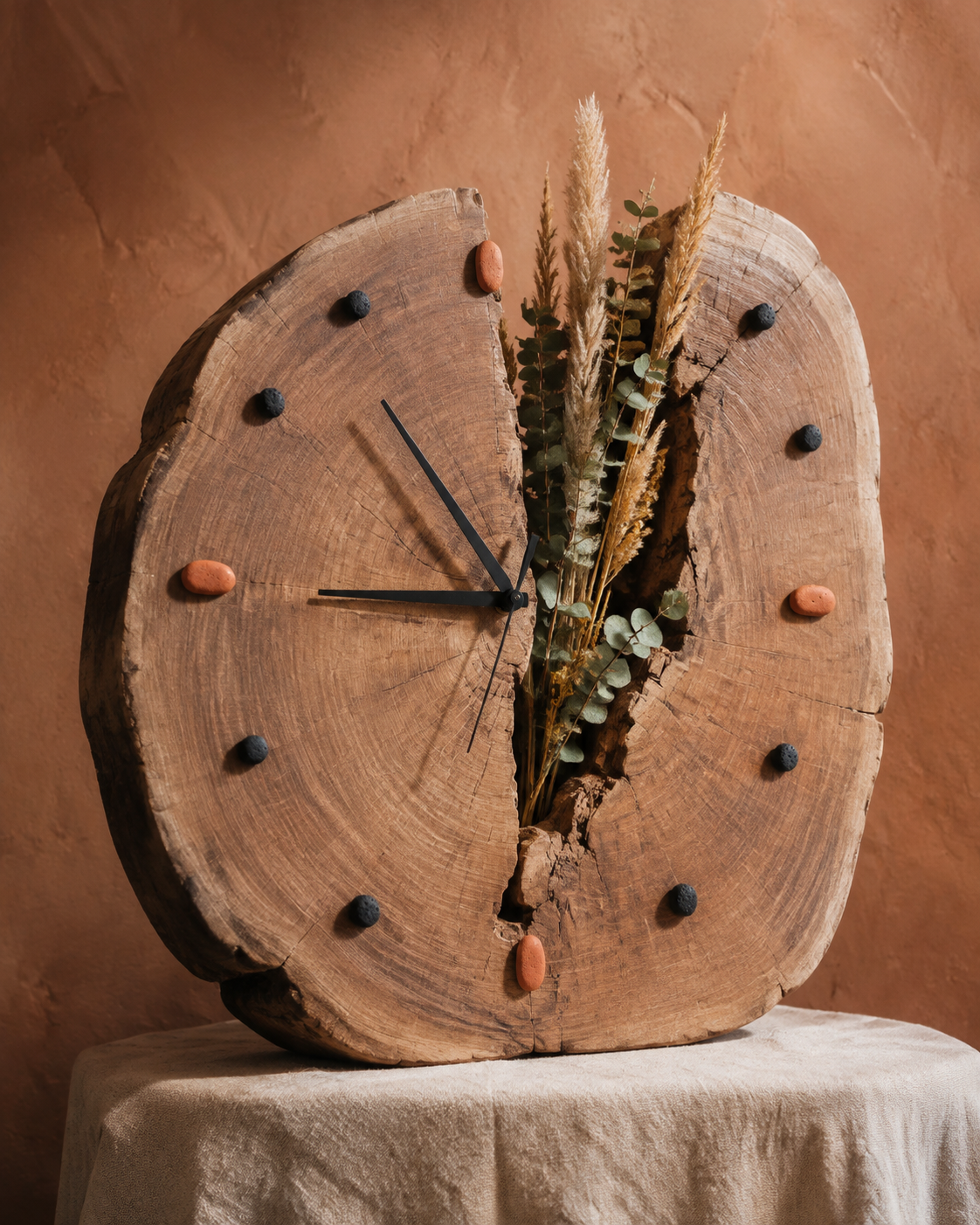 Cracked Wood Clock with Dried Botanicals
