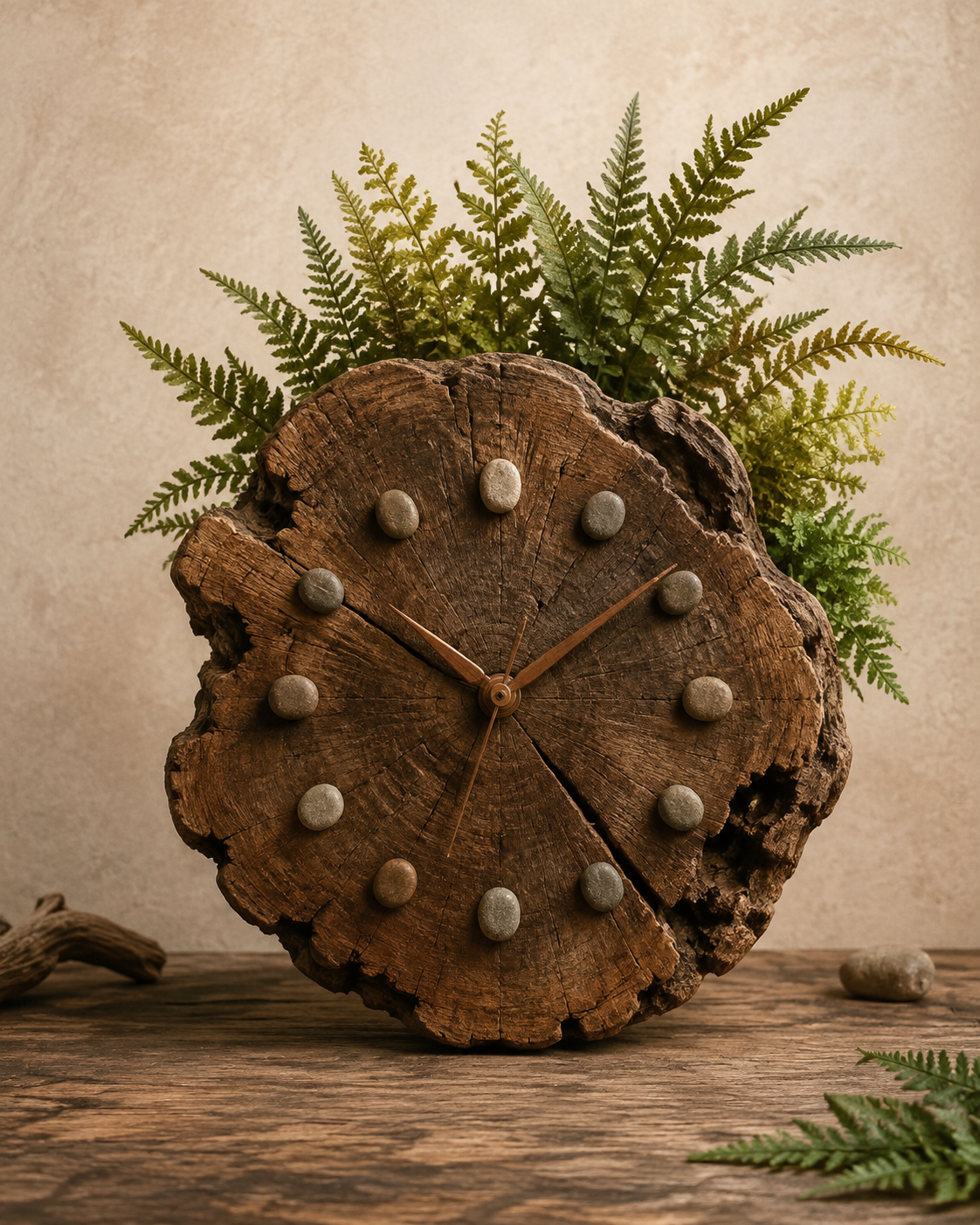 Weathered Wood Clock with Ferns